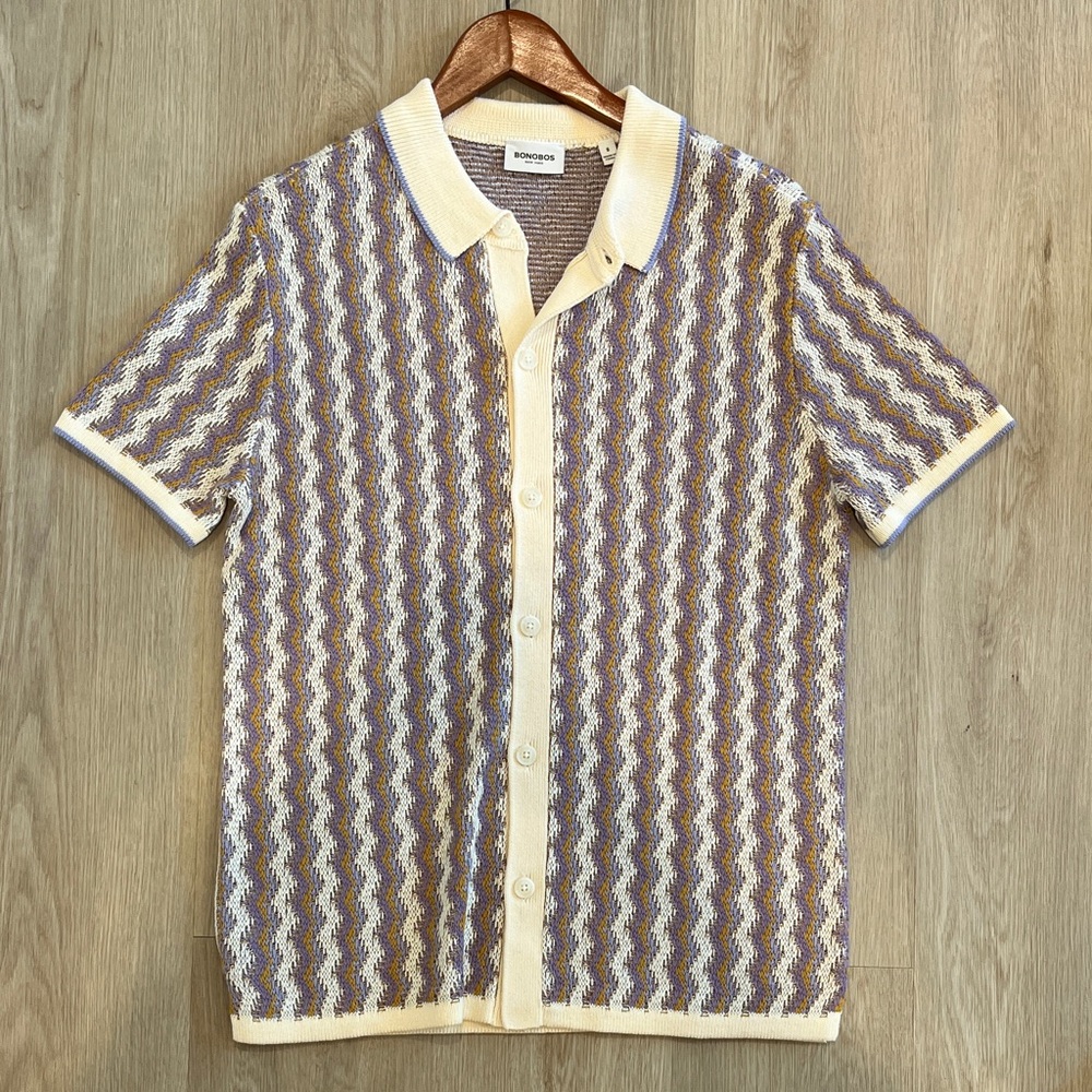 Bonobos Men's Zigzag Knit Shirt - Cream and Purple - Men’s Small
